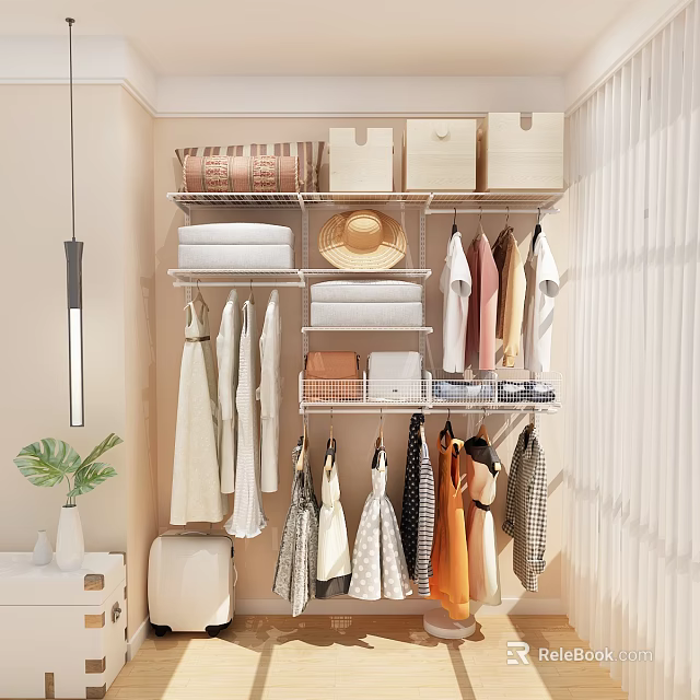 Organized Wardrobe Interior With Hanging Clothes Folded Towels Storage Boxes Shelves And Hat 3d model 