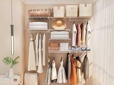 Organized Wardrobe Interior With Hanging Clothes Folded Towels Storage Boxes Shelves And Hat 3d model