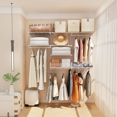 Organized Wardrobe Interior With Hanging Clothes Folded Towels Storage Boxes Shelves And Hat 3d model