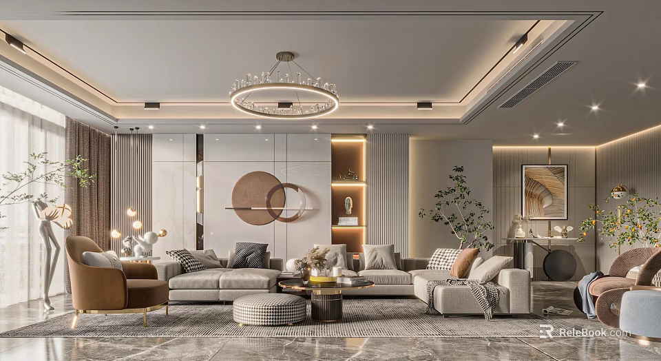 Modern Living And Dining Room Interior With Sofa Coffee Table Chandelier And Green Plant 3d model 