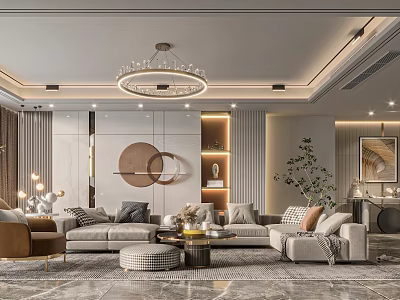 Modern Living And Dining Room Interior With Sofa Coffee Table Chandelier And Green Plant 3d model