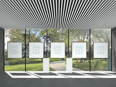 Modern Exhibition Space With White Display Boards And Glass Walls Overlooking Green Outdoor View 3d model