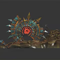 Fantasy Decorative Scene Structure With Circular Arch Spikes Golden Decor Red Symbol Rocks And Steps