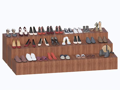 Various Shoes in Different Styles and Colors Displayed on Wooden Shelves 3d model