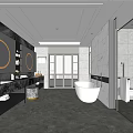 Modern Bathroom Interior with Marble Vanity Double Sinks Round Mirrors Freestanding Bathtub Glass Shower and Large Windows