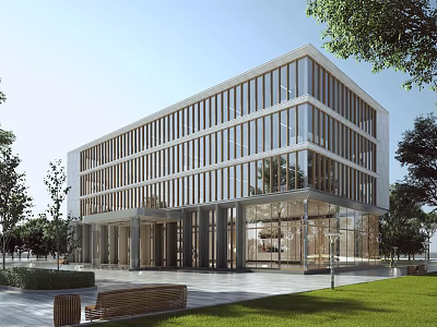 Modern Office Building Exterior With Glass Curtain Walls Wooden Grilles Lawn Bench And Trees 3d model