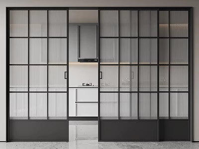 Modern Black Frame Sliding Doors With Vertical Grid Glass Revealing White Kitchen Cabinets 3d model