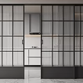Modern Black Frame Sliding Doors With Vertical Grid Glass Revealing White Kitchen Cabinets