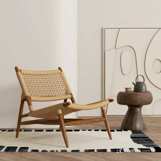Beige Wicker Leisure Chair With Wooden Frame Side Table Teapot And Abstract Wall Art 3d model 