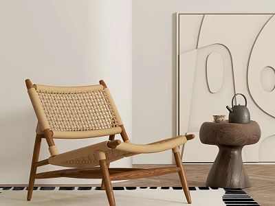 Beige Wicker Leisure Chair With Wooden Frame Side Table Teapot And Abstract Wall Art 3d model