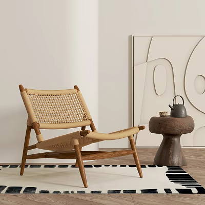 Beige Wicker Leisure Chair With Wooden Frame Side Table Teapot And Abstract Wall Art 3d model