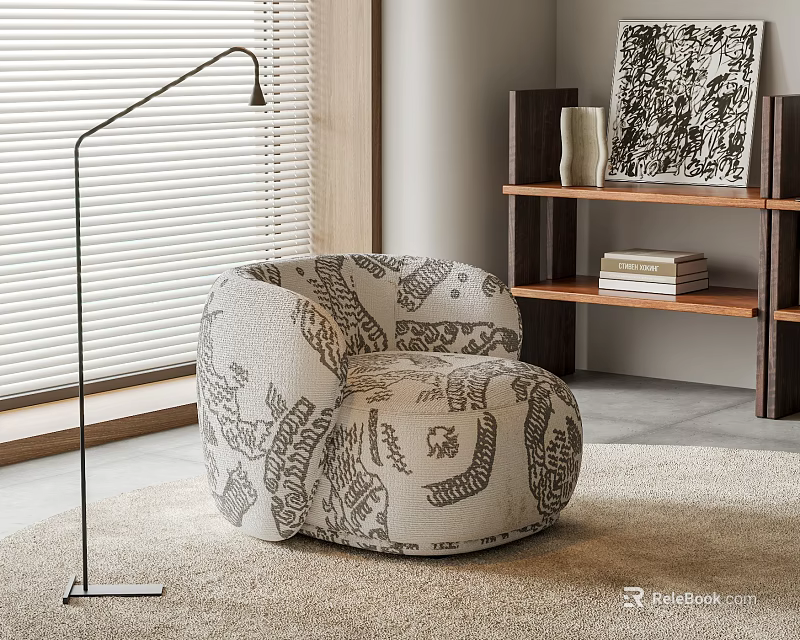 Stylish Patterned Accent Chair In Modern Living Interior With Floor Lamp And Bookshelf 3d model 