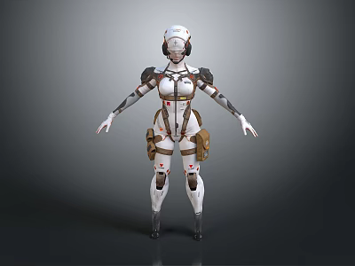 Futuristic Game Movie Character in White Armor With Brown Accents Mechanical Arms Legs Helmet Design 3d model