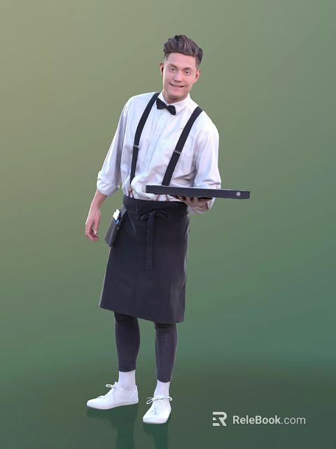 Man Wearing White Shirt Black Suspenders Black Bow Tie And Black Apron Holding Tray 3d model 