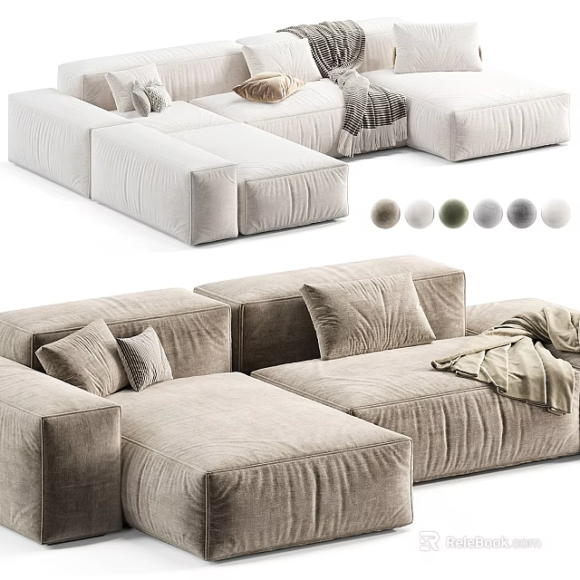 Beige Fabric Sectional Sofa With Plush Cushions Throw Blanket And Color Options 3d model 