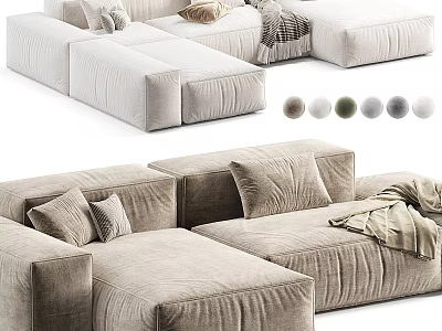 Beige Fabric Sectional Sofa With Plush Cushions Throw Blanket And Color Options 3d model