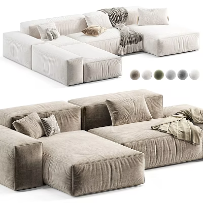 Beige Fabric Sectional Sofa With Plush Cushions Throw Blanket And Color Options 3d model
