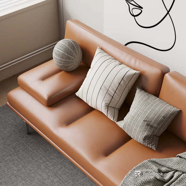 Stylish Throw Pillows On Brown Leather Sofa Featuring Striped And Round Designs 3d model 