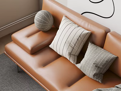 Stylish Throw Pillows On Brown Leather Sofa Featuring Striped And Round Designs 3d model