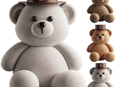 Gray and Brown Teddy Bear Stuffed Toy with Brown Hat Letter B Design Multiple Sizes 3d model