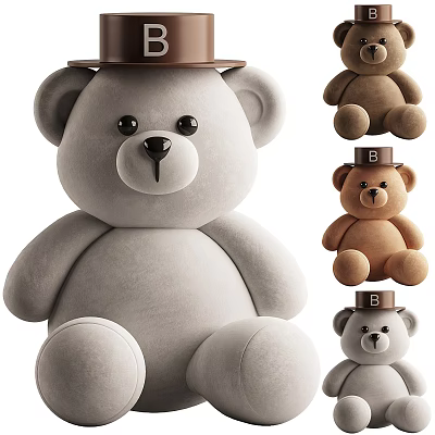 Gray and Brown Teddy Bear Stuffed Toy with Brown Hat Letter B Design Multiple Sizes 3d model
