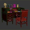 Classic Mahogany Wooden Desk With Red Upholstered Chair Globe Books And Typewriter