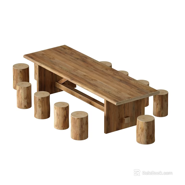 Rustic Wooden Table and Stool Set with Natural Log Seats for Dining Area 3d model