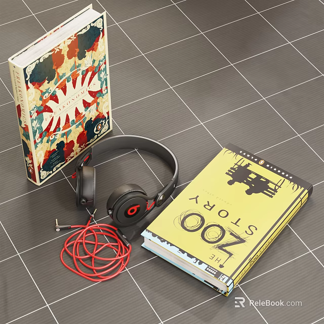 Colorful Book Design With Yellow Story Book Black Headphones Red Cable On Grid Floor 3d model 