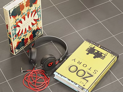 Colorful Book Design With Yellow Story Book Black Headphones Red Cable On Grid Floor 3d model