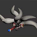 Mythical Game and Movie Character With Nine White Tails Red Gold Outfit Long Black Hair And Blue Orb