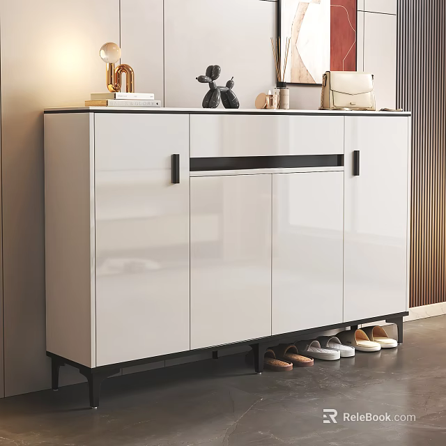 Modern White High Gloss Shoe Cabinet With Black Trim And Shoes Underneath Decorative Items On Top 3d model 