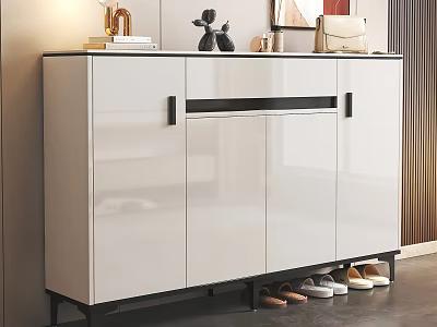 Modern White High Gloss Shoe Cabinet With Black Trim And Shoes Underneath Decorative Items On Top 3d model