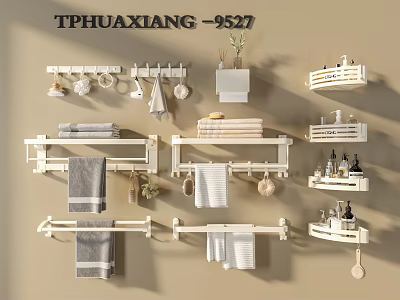 Bathroom Accessories Including Towel Racks Shelves Hooks With Towels Small Plants And Toiletries 3d model