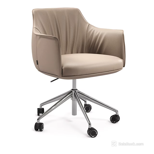 Beige Leather Office Chair With Pleated Back Armrests And Silver Metal Base Wheels 3d model 