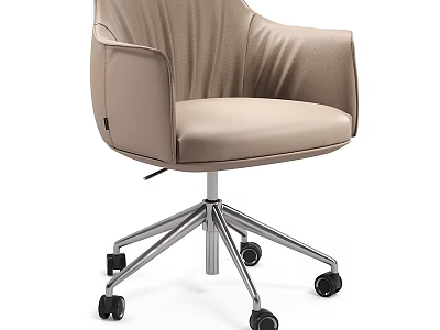 Beige Leather Office Chair With Pleated Back Armrests And Silver Metal Base Wheels 3d model