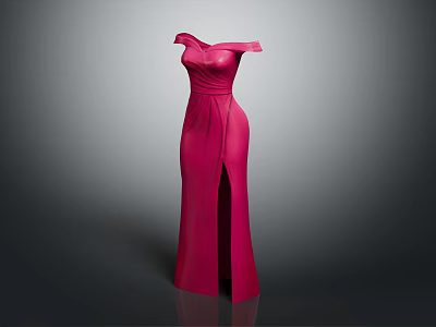 Elegant Red Off The Shoulder Long Dress With High Slit Design 3d model