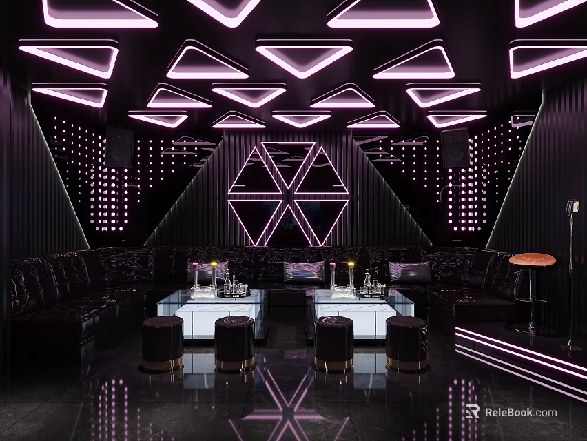 Modern KTV Lounge Interior with Neon Lights Black Sofas Geometric Patterns and Bar Counter 3d model 