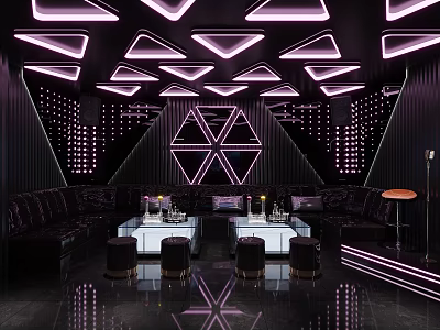 Modern KTV Lounge Interior with Neon Lights Black Sofas Geometric Patterns and Bar Counter 3d model