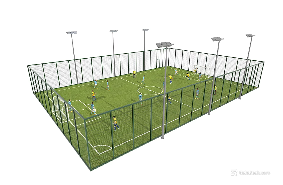 Fenced Outdoor Soccer Field With Green Turf And Lighting Poles For Players 3d model 