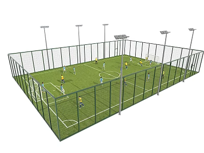 Fenced Outdoor Soccer Field With Green Turf And Lighting Poles For Players 3d model
