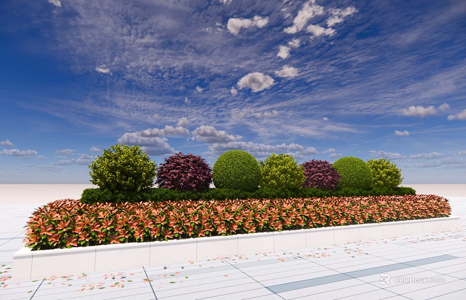 Well Trimmed Colorful Shrubs In Round Shapes With Flower Bed And Blue Sky 3d model 