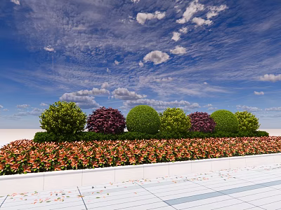 Well Trimmed Colorful Shrubs In Round Shapes With Flower Bed And Blue Sky 3d model