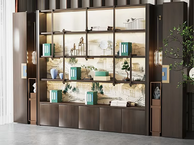 Modern Chinese Style Wooden Decorative Cabinet With Multi layer Shelves Green Boxes And Ornaments 3d model