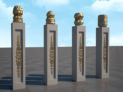 Gray Stone Pillars With Golden Ornate Tops And Intricate Carvings In Open Area 3d model