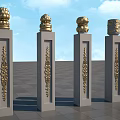 Gray Stone Pillars With Golden Ornate Tops And Intricate Carvings In Open Area