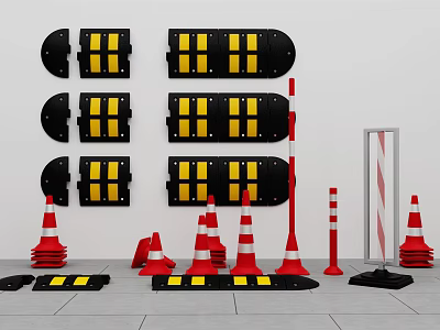 Road Safety Facilities With Reflective Traffic Cones Speed Bumps And Barrier Poles 3d model