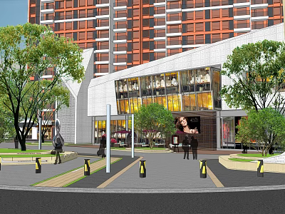 Modern Commercial Landscape Featuring High Rise Buildings Glass Curtain Walls Greenery And Pedestrian Walkways 3d model