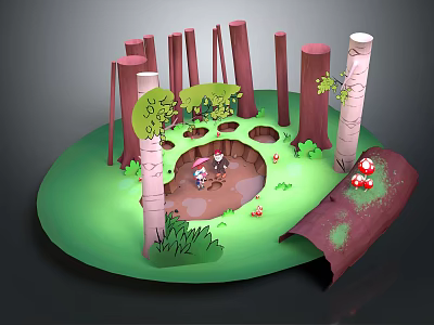 Cartoon Forest Scene With Tree Trunks Green Grass Red Mushrooms And Small Characters 3d model