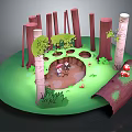 Cartoon Forest Scene With Tree Trunks Green Grass Red Mushrooms And Small Characters