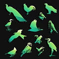 Flying Animals Silhouettes In Green Blue Gradient On Black Background With Various Species